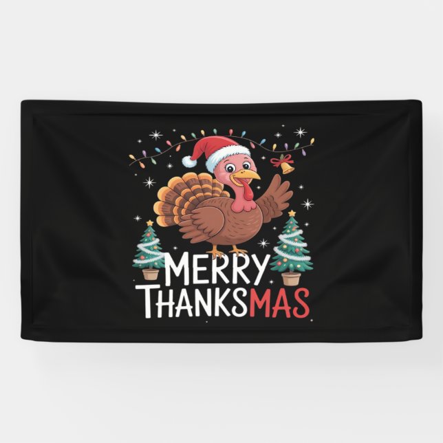 Merry Thanksmas Happy Thanksgiving Santa Turkey Es Banner (Horizontal)