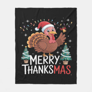 Merry Thanksmas Happy Thanksgiving Santa Turkey Es Fleece Blanket