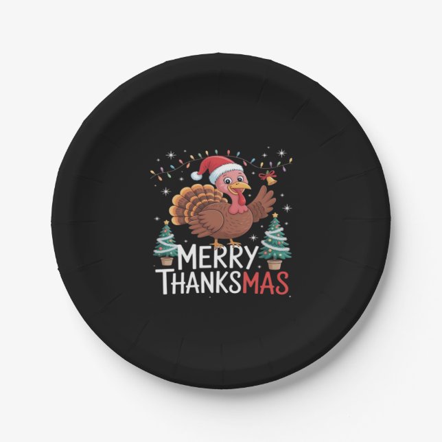 Merry Thanksmas Happy Thanksgiving Santa Turkey Es Paper Plate (Front)