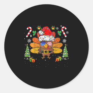 Merry Thanksmas Happy Thanksgiving Santa Turkey Xm Classic Round Sticker