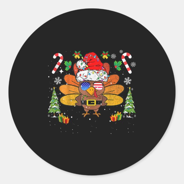 Merry Thanksmas Happy Thanksgiving Santa Turkey Xm Classic Round Sticker (Front)