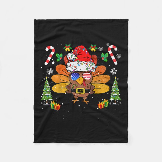 Merry Thanksmas Happy Thanksgiving Santa Turkey Xm Fleece Blanket (Front)