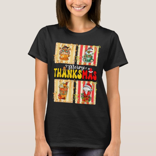 Merry Thanksmas Pumpkin Sce Latte Coffee Thanksgiv T-Shirt (Front)