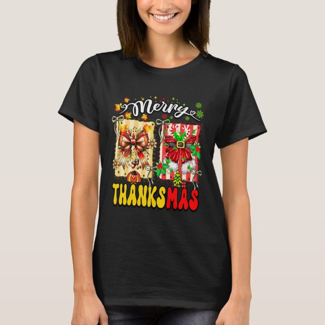 Merry Thanksmas Thanksgiving Christmas Coquette Bo T-Shirt (Front)