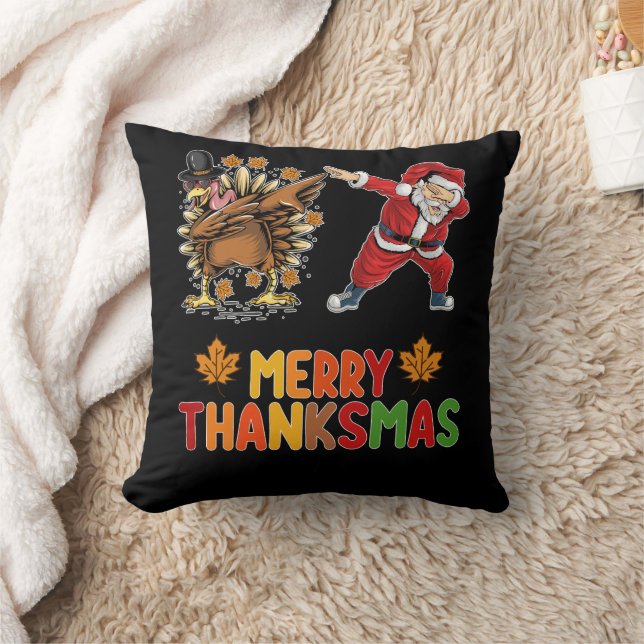 Merry Thanksmas Thanksgiving Fall Christmas Season Cushion (Blanket)