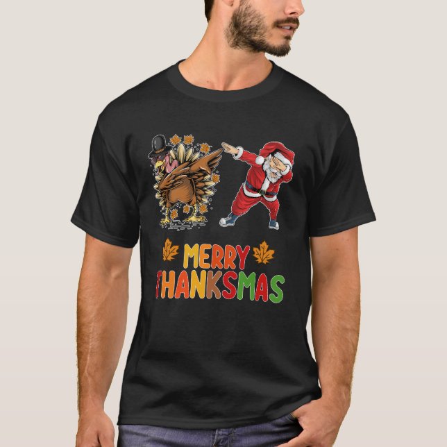 Merry Thanksmas Thanksgiving Fall Christmas Season T-Shirt (Front)