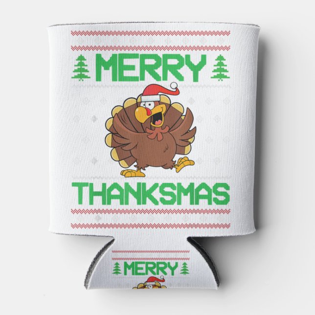 Merry thanksmas thanksgiving turkey ugly christmas can cooler (Front)