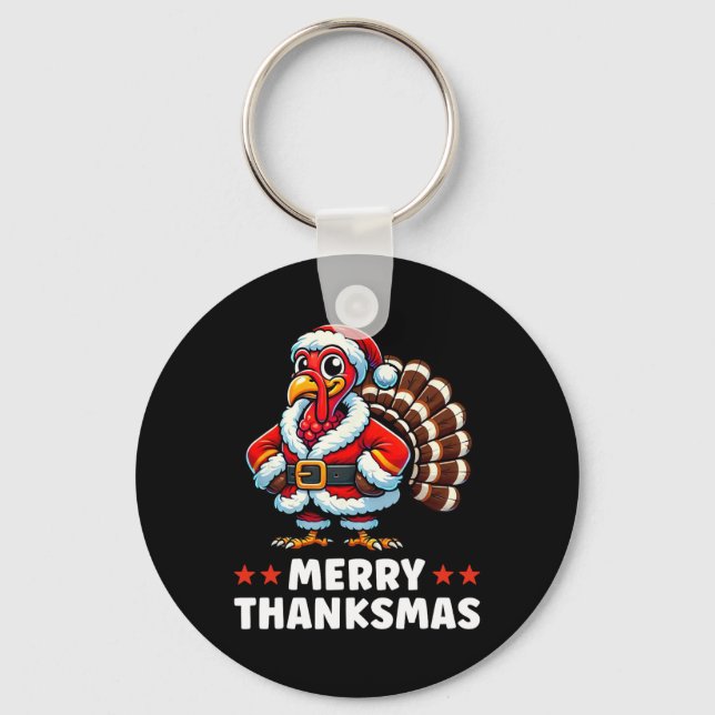Merry Thanksmas Thanksgiving Turkey Xmas Funny  Key Ring (Front)