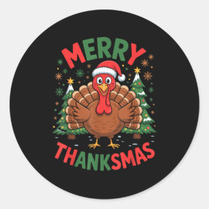 Merry Thanksmas Turkey Santa Hat Christmas Tree Fa Classic Round Sticker