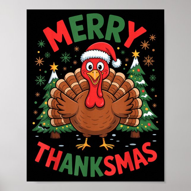 Merry Thanksmas Turkey Santa Hat Christmas Tree Fa Poster (Front)