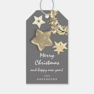 Merry To Holiday Gift Happy Year Grey Wreath Stars Tags