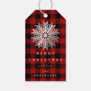 Merry To Holiday Snowflakes Grey Plaid Red Black Gift Tags