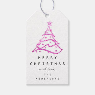 Merry To Name Holiday Christmas Tree Pink White   Gift Tags