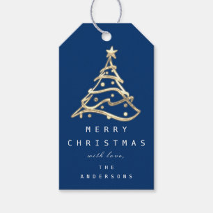 Merry To Name Holiday Golden Christmas Tree Navy Gift Tags