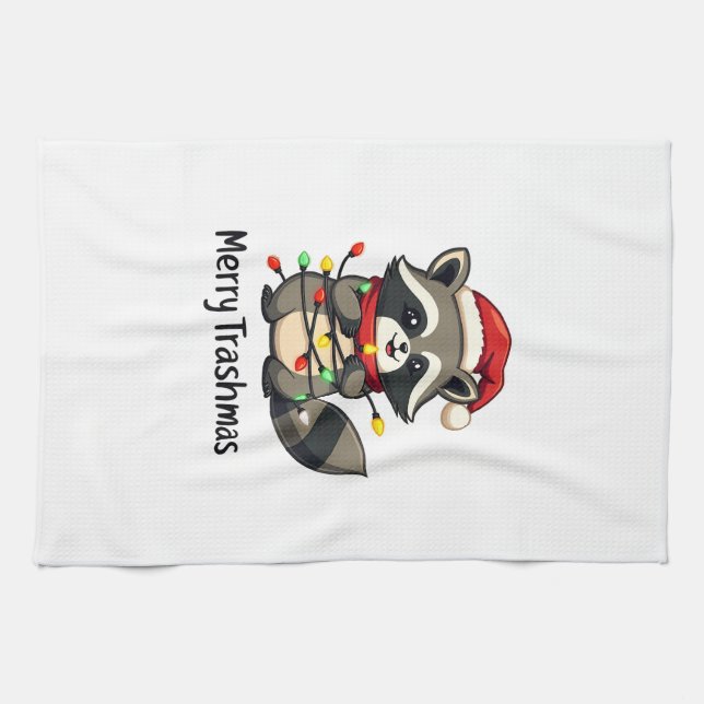 Merry Trashmas Funny Racoon Christmas Holiday  Tea Towel (Horizontal)