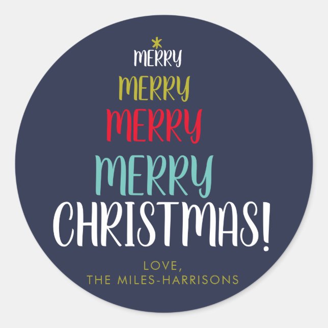 Merry Tree Navy Typographic Personalised Holiday Classic Round Sticker (Front)