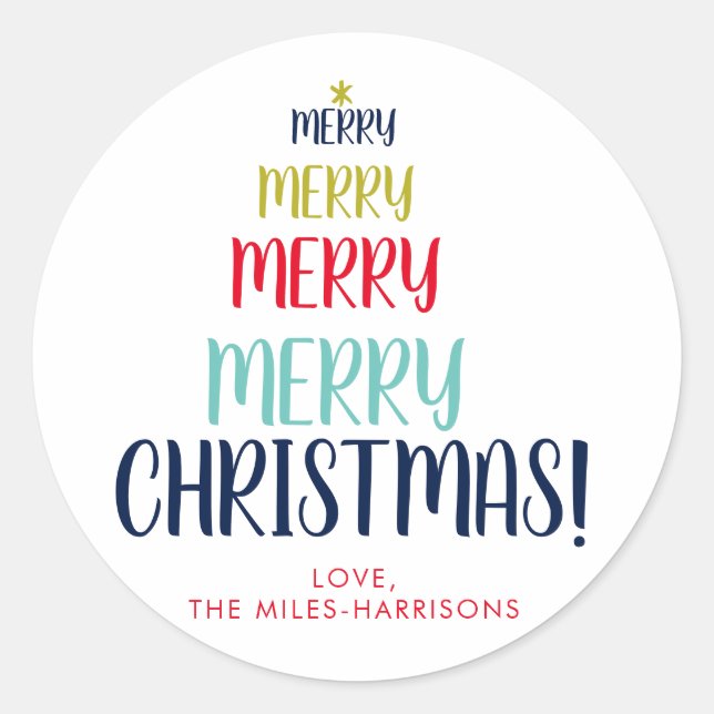 Merry Tree Typographic Personalised Holiday Classic Round Sticker (Front)
