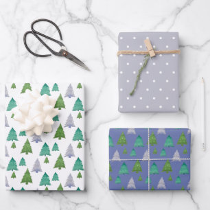 Merry Tree Watercolor Purple Green Wrapping Paper Sheet