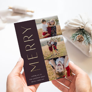 Merry Trio   Modern 3 Photo Collage Foil Holiday Card