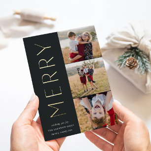 Merry Trio Modern 3 Photo Collage Foil Holiday Card