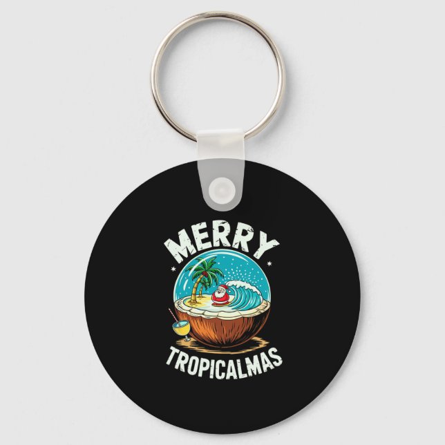 Merry Tropicalmas Surfing Santa Snow Globe Coconut Key Ring (Front)