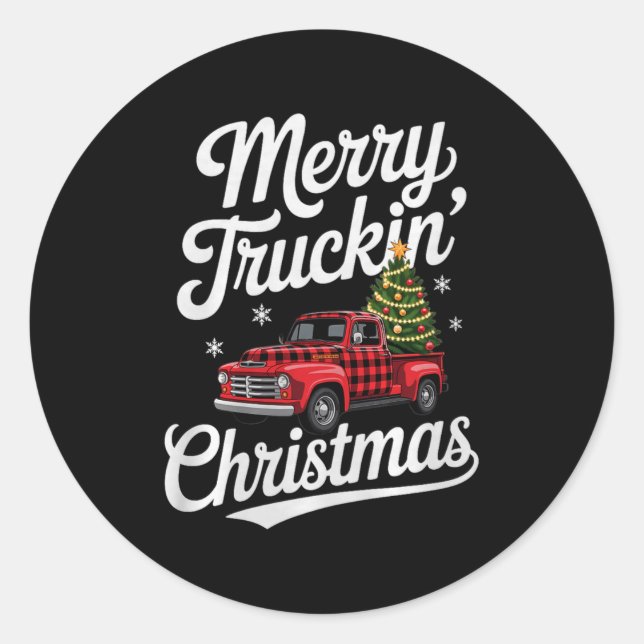 Merry Truckin' Christmas Buffalo Plaid Clic Ck Up  Classic Round Sticker (Front)