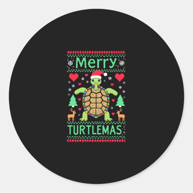 Merry Turtlemas Christmas Lights Cute Turtle Santa Classic Round Sticker (Front)
