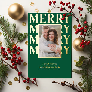 Merry Typography in Gold and Green Photo Foil Holiday Card