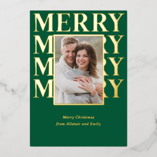 Merry Typography in Gold and Green Photo Foil Holiday Card