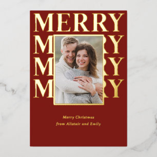 Merry Typography in Gold and Red Photo Foil Holiday Card