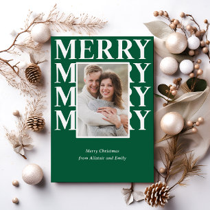 Merry Typography in White and Green Photo Holiday Card