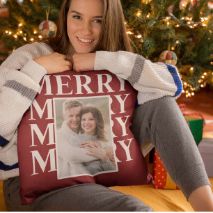 Merry Typography in White and Red Photo Cushion