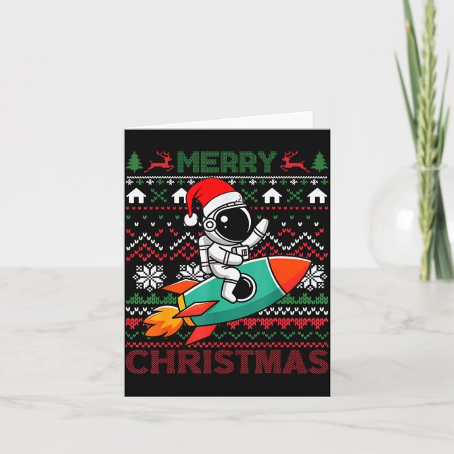 Merry Ugly Christmas Santa Hat Astronaut Riding Ro Card (Front)