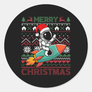 Merry Ugly Christmas Santa Hat Astronaut Riding Ro Classic Round Sticker