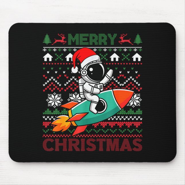 Merry Ugly Christmas Santa Hat Astronaut Riding Ro Mouse Mat (Front)
