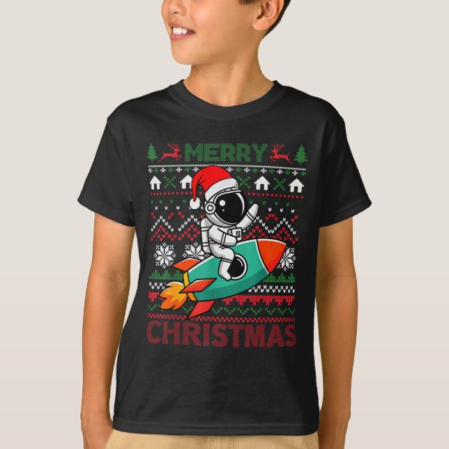 Merry Ugly Christmas Santa Hat Astronaut Riding Ro T-Shirt (Front)