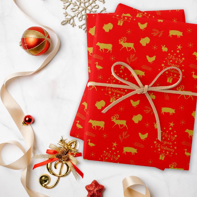 Merry Vegan Christmas Red and Gold Farm Animals  Wrapping Paper Sheet (Creator Uploaded)