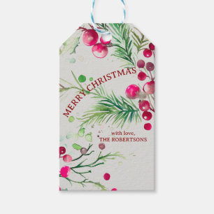 Merry very berry Christmas holly red watercolor Gift Tags