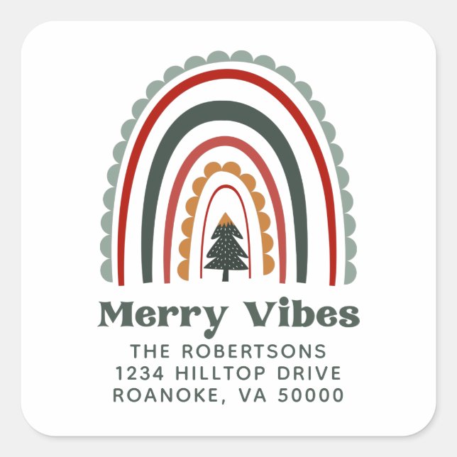 Merry Vibes Boho Rainbow Christmas Return Address Square Sticker (Front)