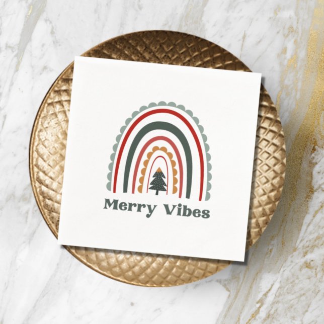 Merry Vibes Boho Rainbow Retro Christmas Party Napkin (Creator Uploaded)