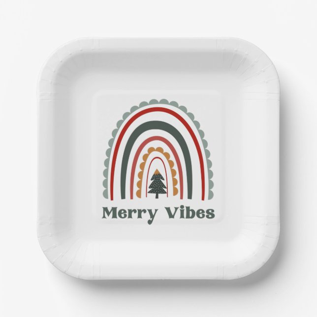 Merry Vibes Boho Rainbow Retro Christmas Party Paper Plate (Front)