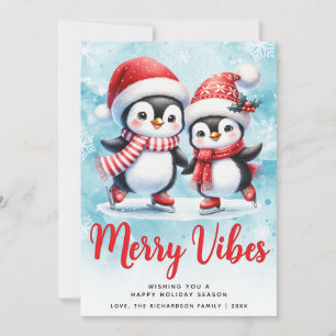 Merry Vibes Cute Penguins Blue Red Christmas Holiday Card