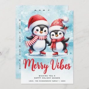 Merry Vibes Cute Penguins Blue Red Christmas Holiday Card