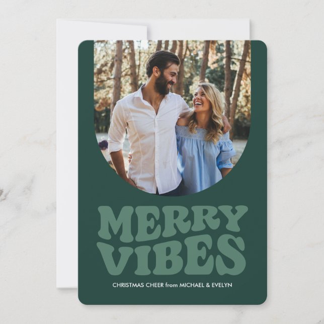 Merry vibes fun retro green photo Christmas Holiday Card (Front)