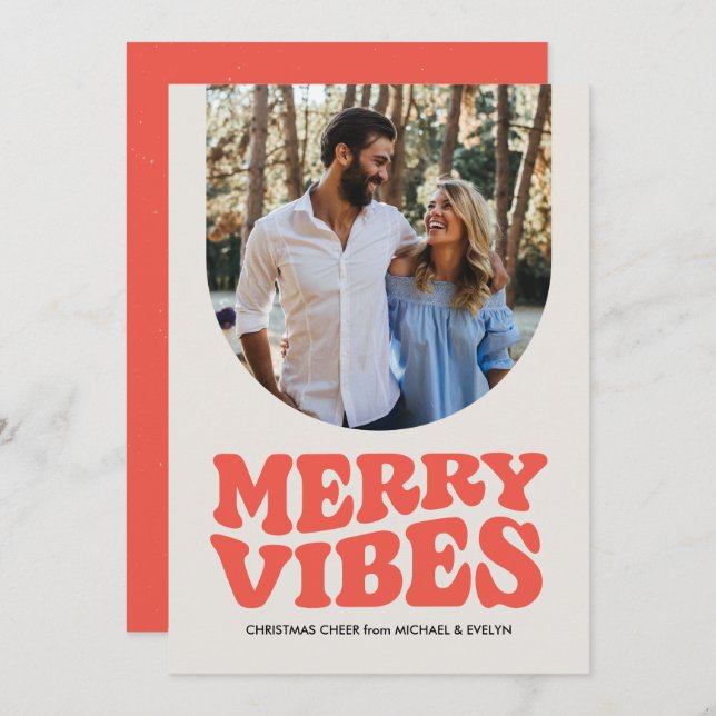 Merry vibes fun retro photo Christmas Holiday Card (Front/Back)