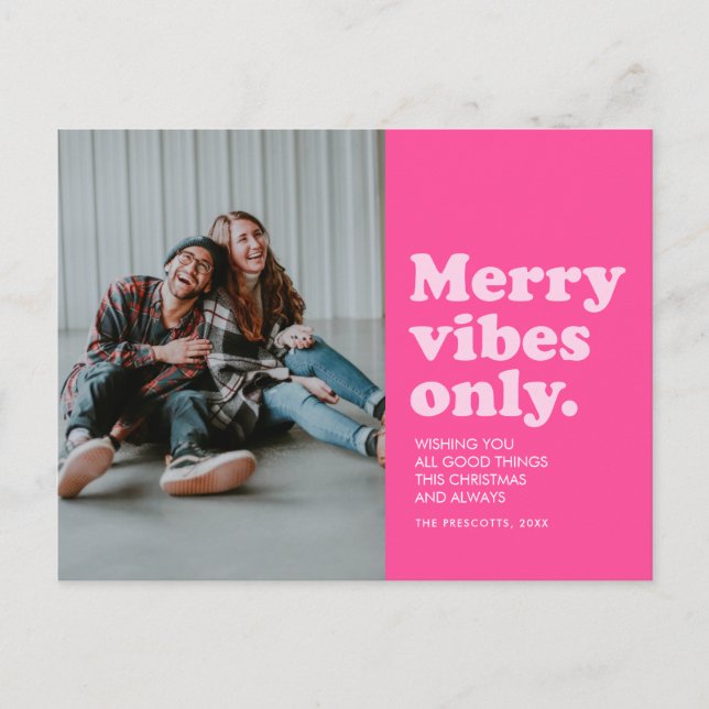 Merry vibes only fun hot pink Christmas photo Holiday Postcard (Front)