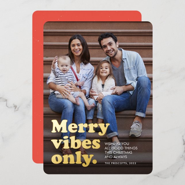 Merry vibes only fun retro Christmas photo Foil Holiday Card (Front/Back)