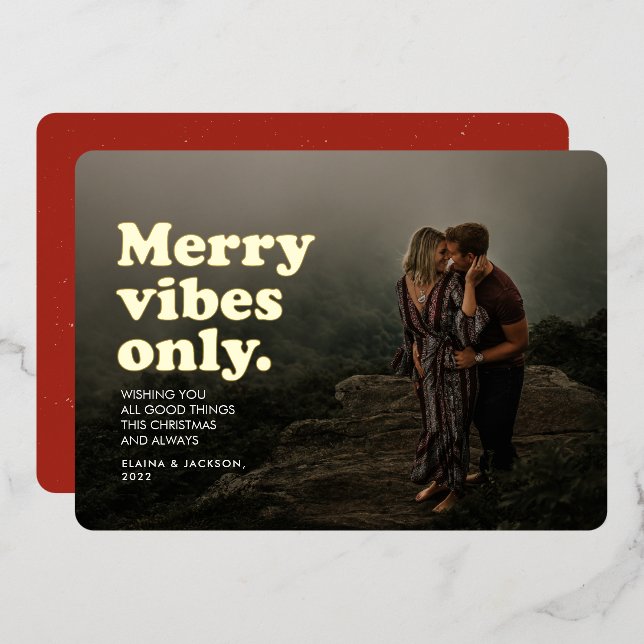 Merry vibes only fun retro one photo Christmas Foil Holiday Card (Front/Back)