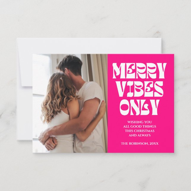 Merry Vibes Only Groovy Hot Pink Christmas Card (Front)