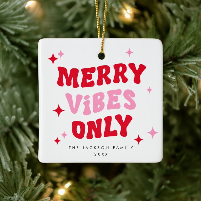 Merry Vibes Only | Modern Retro Christmas Photo Ceramic Ornament (Tree)